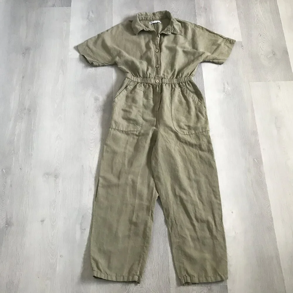 ZARA WOMENS JUMPSUIT GREEN LINEN SHORT SLEEVE WIDE LEG CASUAL SMALL